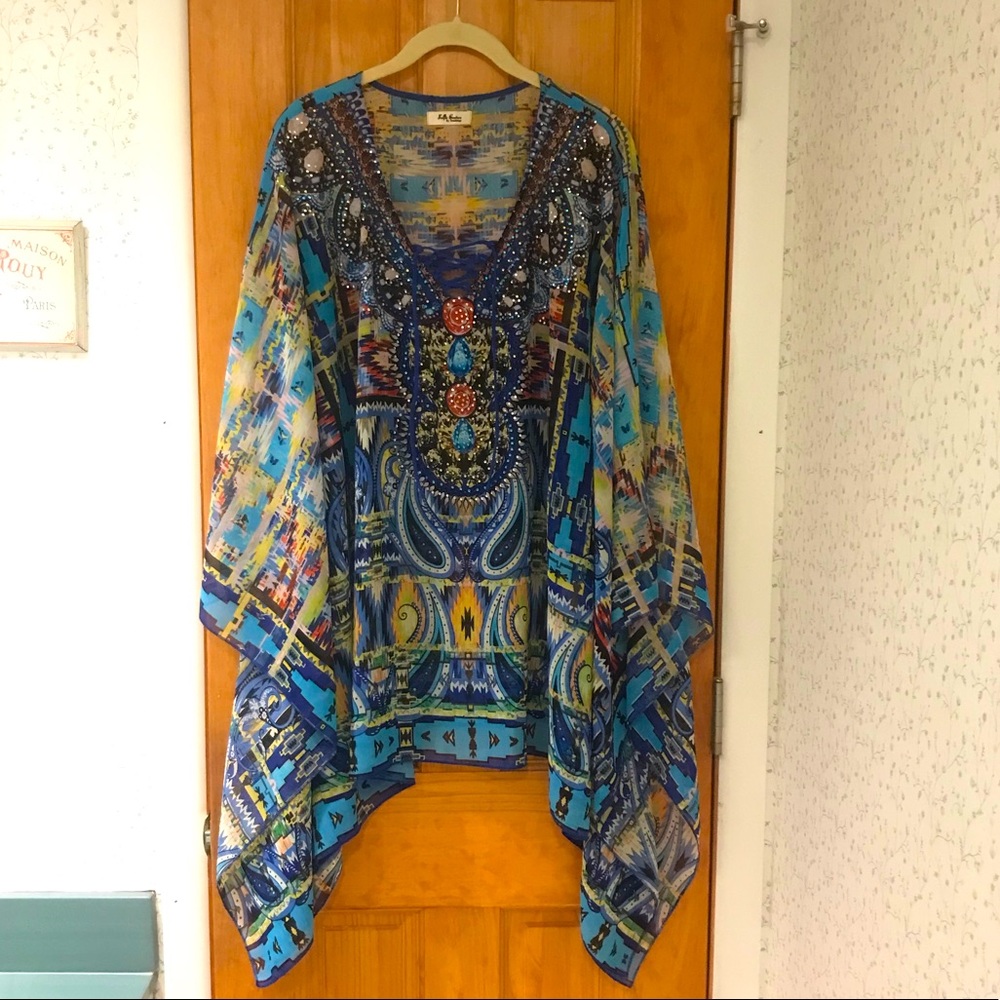 STUNNING! Summer Caftan! Shades of blue, embellished with blue & gold crystals.